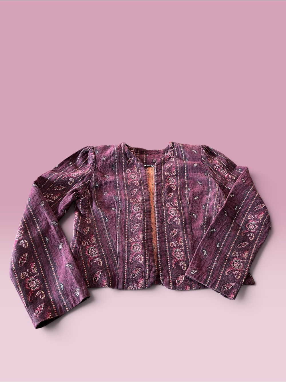 Maroon Mauve Paisley Cropped Jacket Boho Tapestry Style